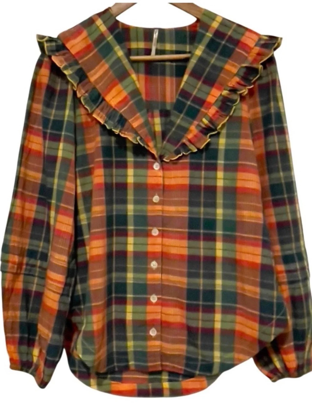 NWOT Free People Molly Plaid Ruffle Blouse XS Prairie Cottagecore Top